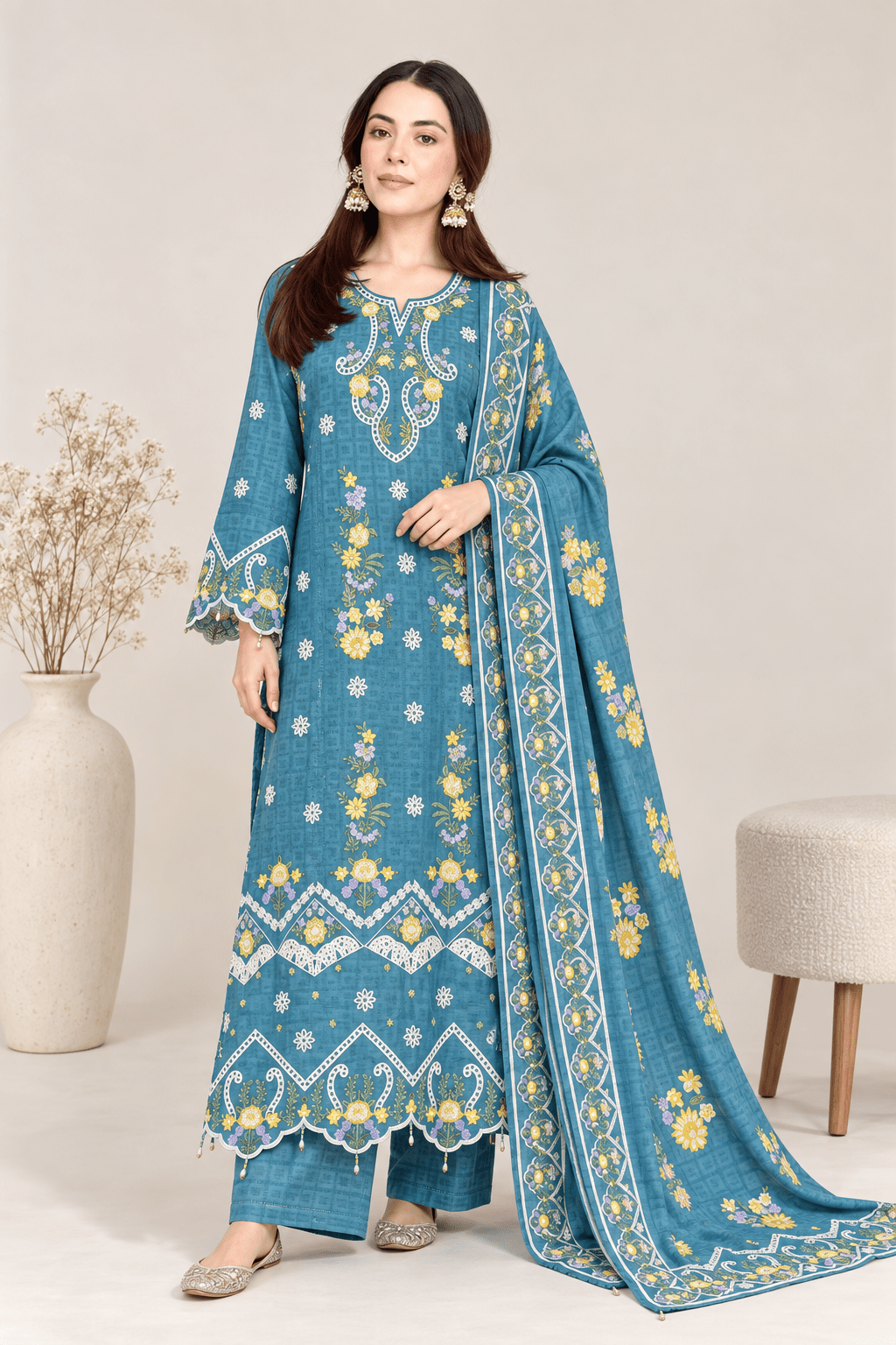Teal Printed Cotton Suit | 3-Piece Stitched | Rovaya