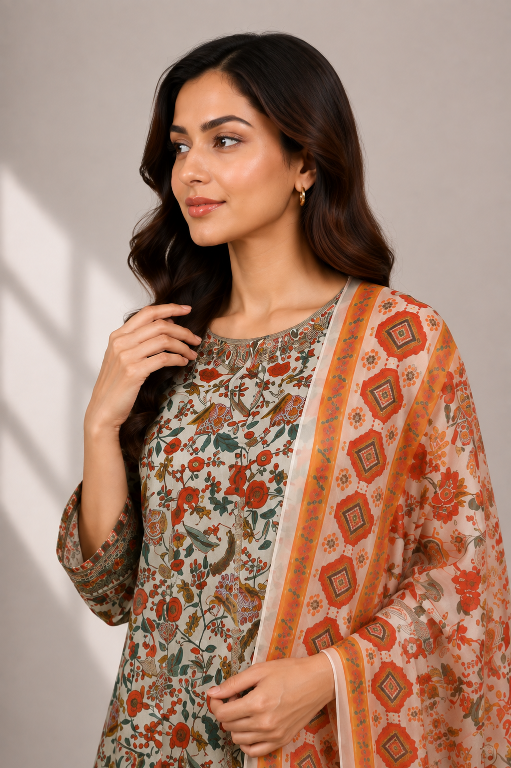 Cream Floral Printed Suit | 3-Piece