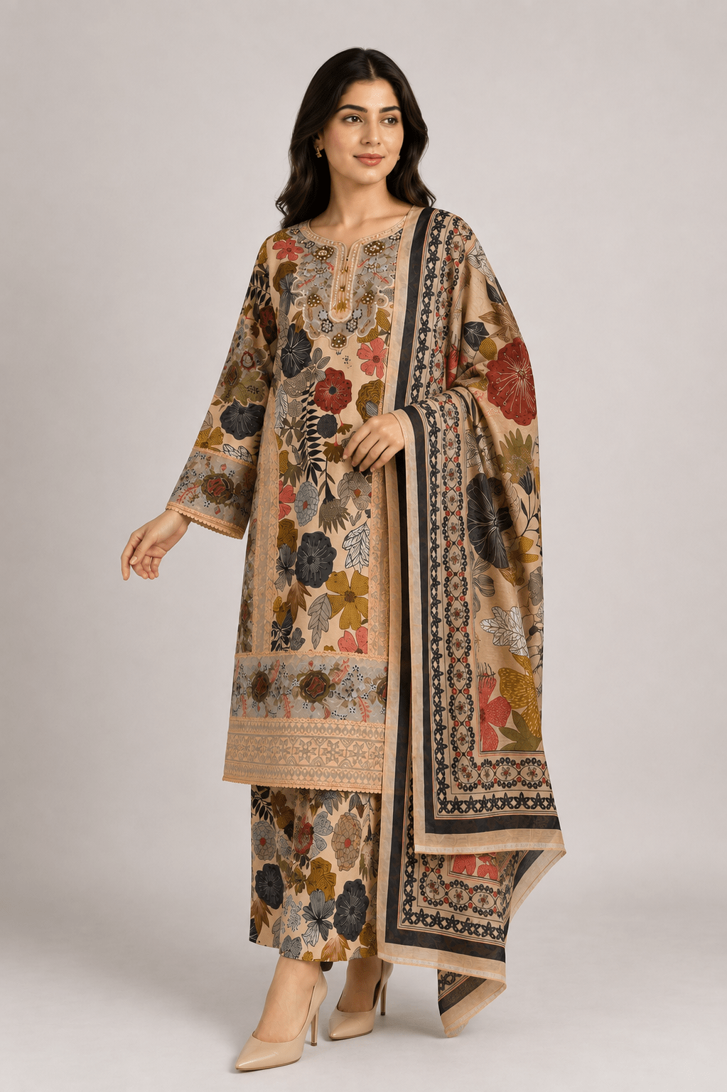 Tan Floral Printed Suit | 3-Piece - Rovaya