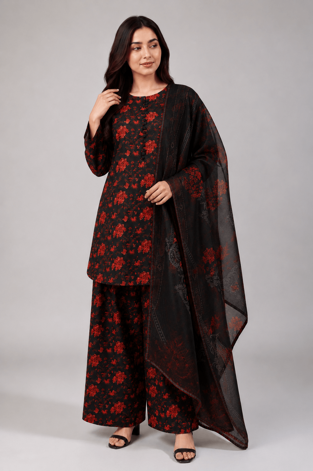 Black and Red Floral Suit | 3-Piece - Rovaya