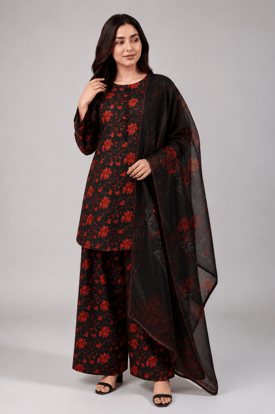 Black and Red Floral Suit | 3-Piece