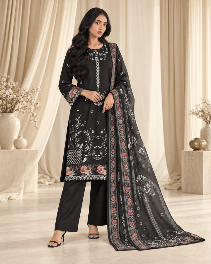 black embroidered stitched suit