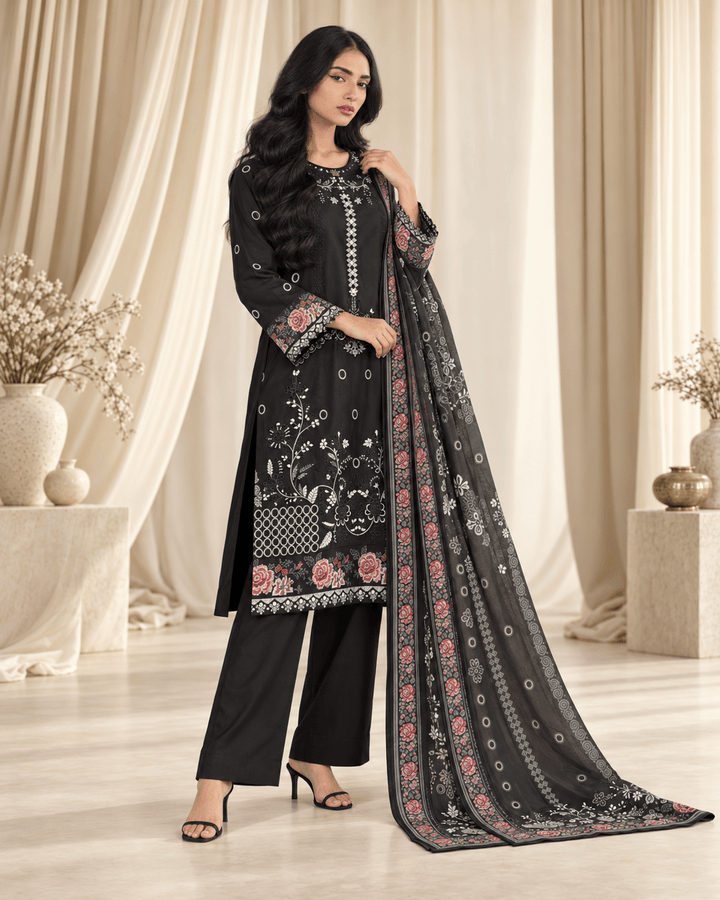 black embroidered stitched suit