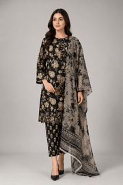 Black Floral Printed 3-Piece Lawn Suit for Women