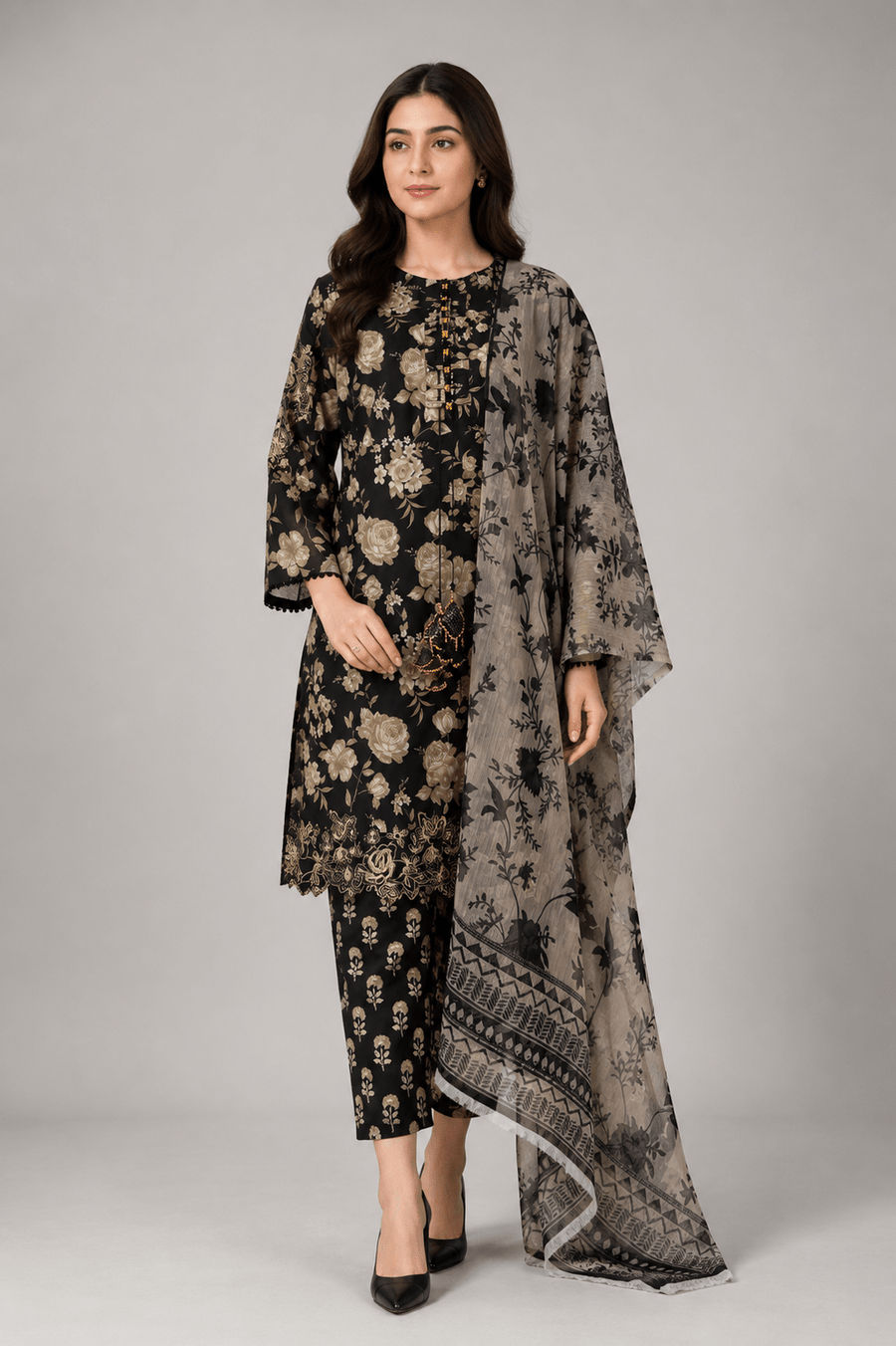 Black Floral Printed 3-Piece Lawn Suit for Women