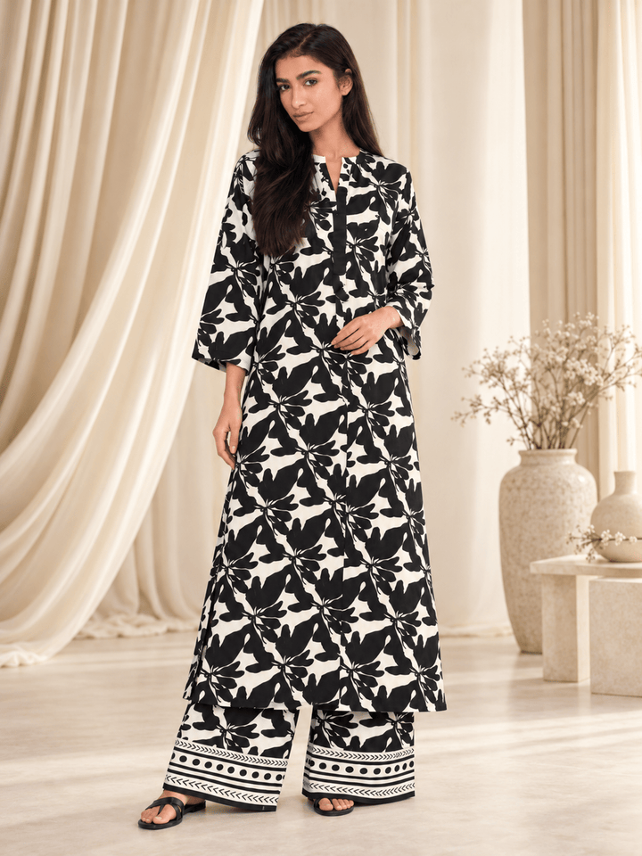 Black Leaf Print Stitched Suit | Rovaya