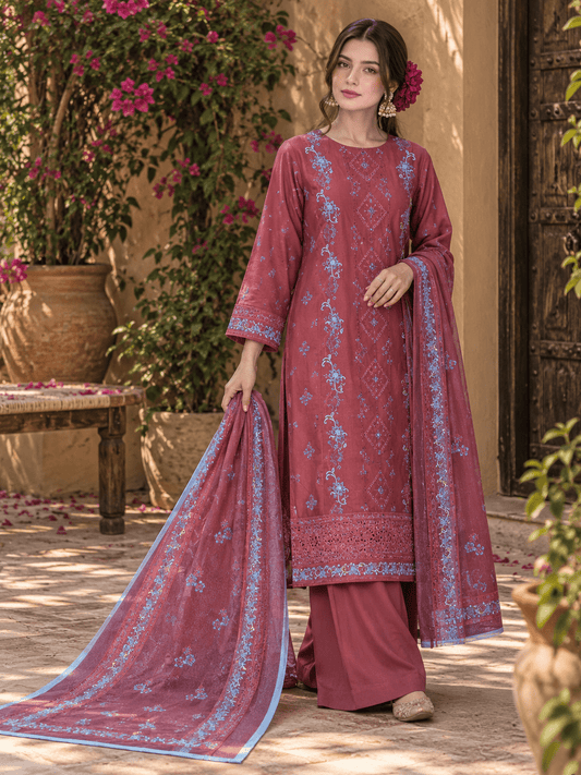 Rose Pink Embroidered Cotton Suit | 3-Piece | Rovaya