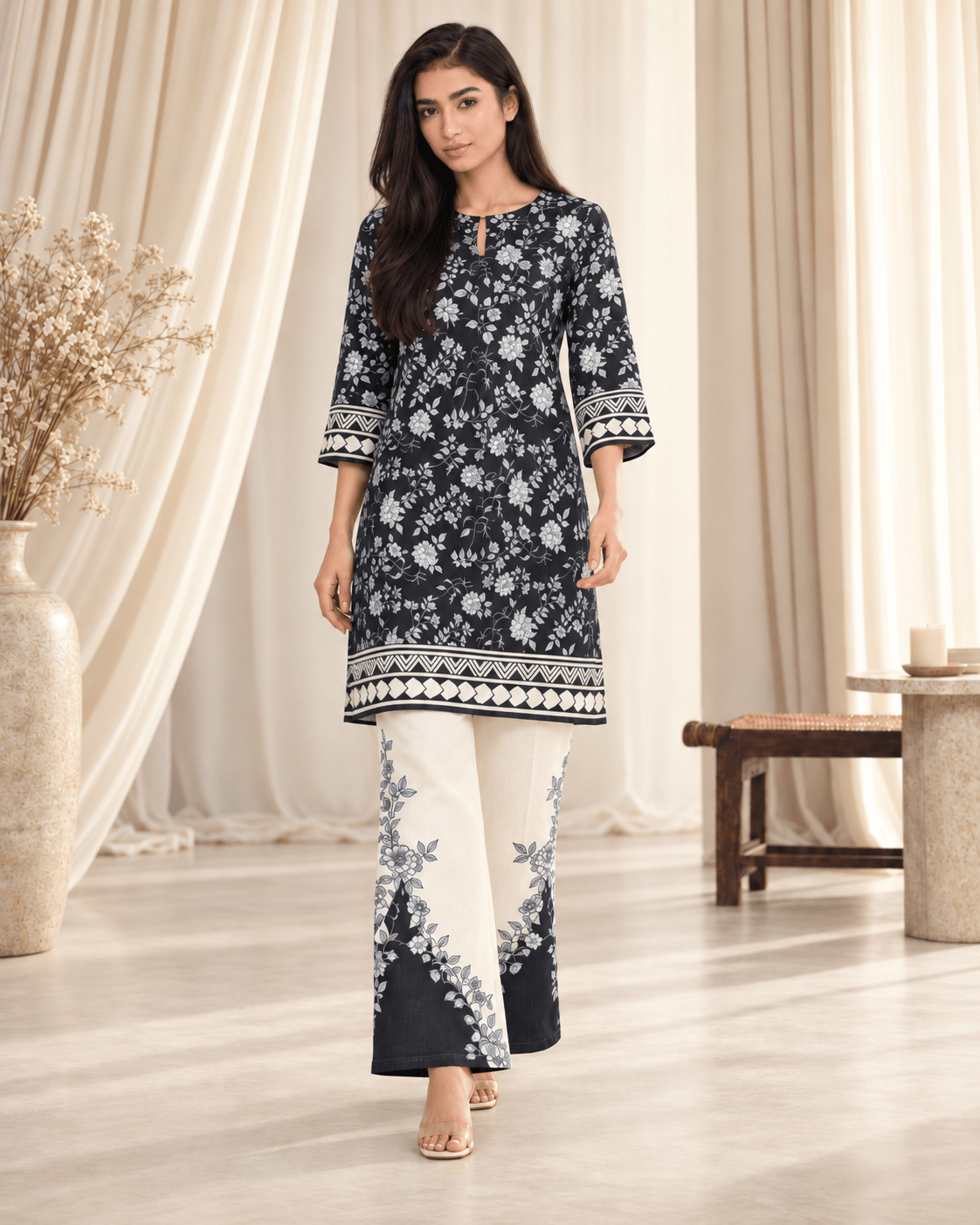1 black and white stitched suit