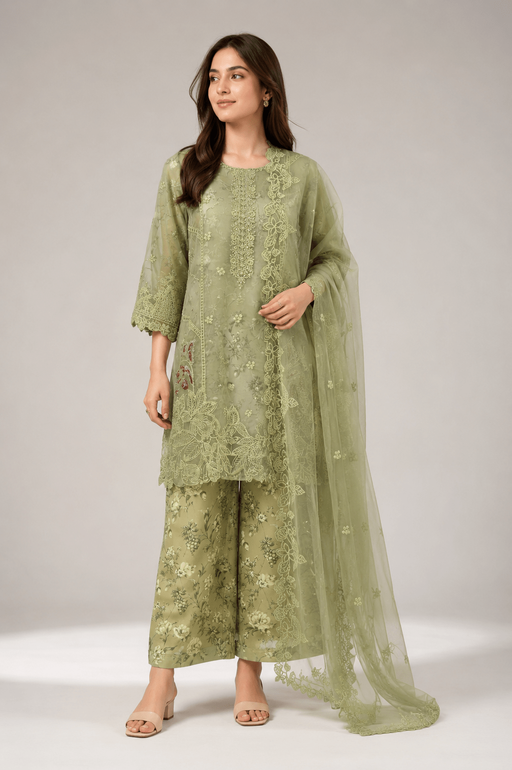 Serenity Sage green embroidered suit - Rovaya