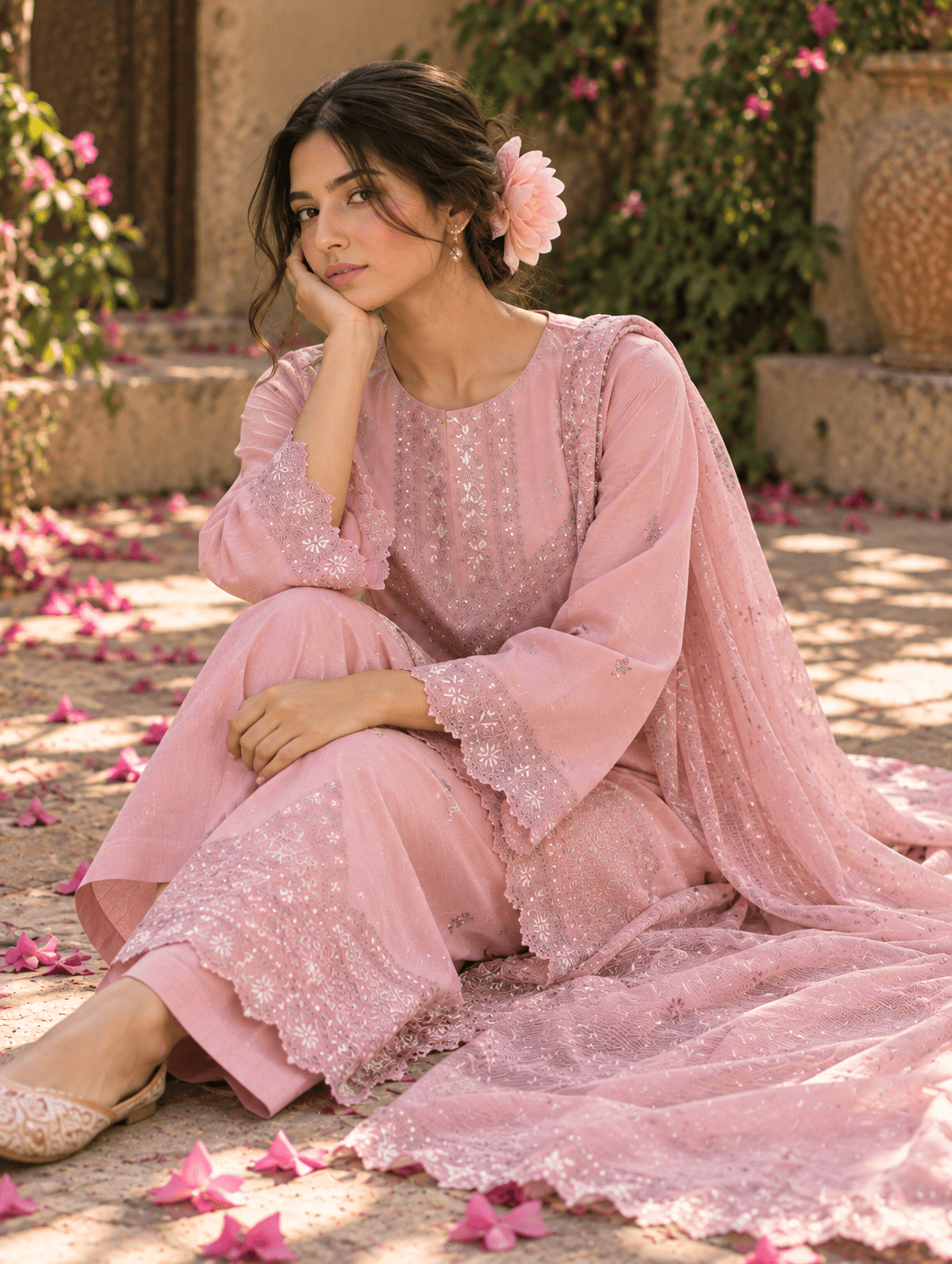 Tea Pink Embroidered Cotton Suit | 3-Piece | Rovaya