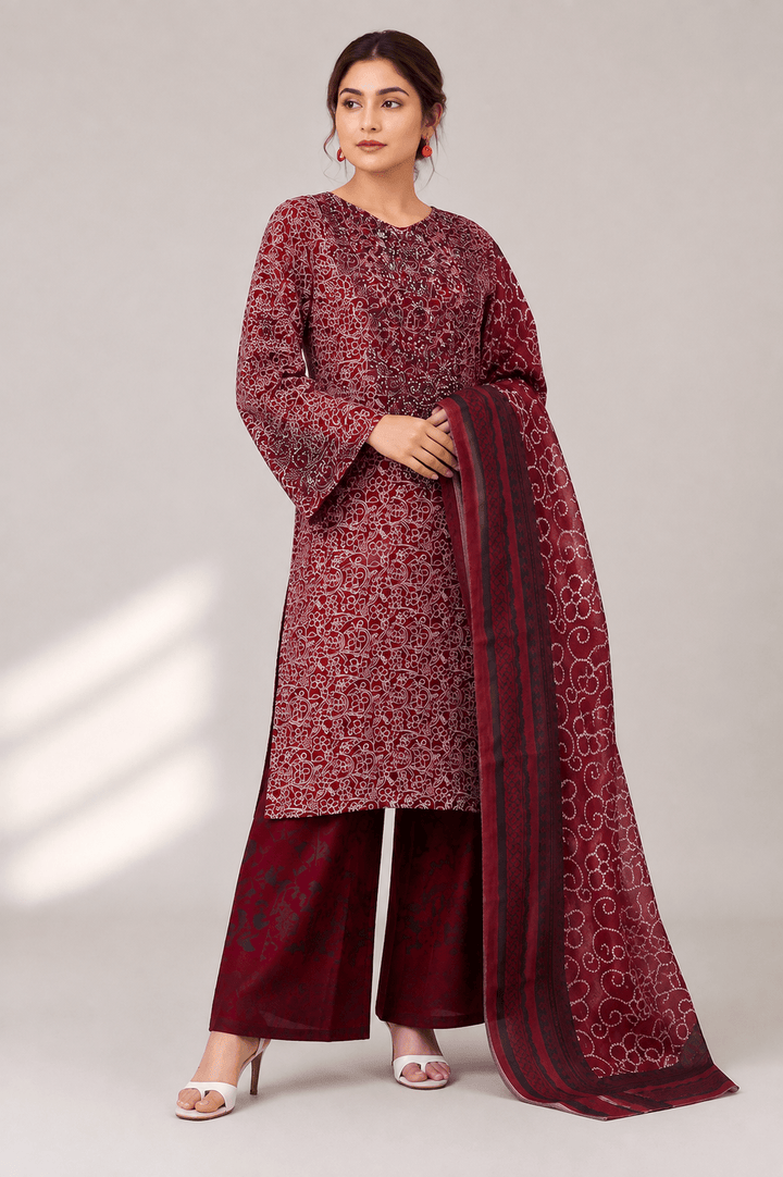 Maroon Printed Embroidered 3-Piece Stitched Suit for Women
