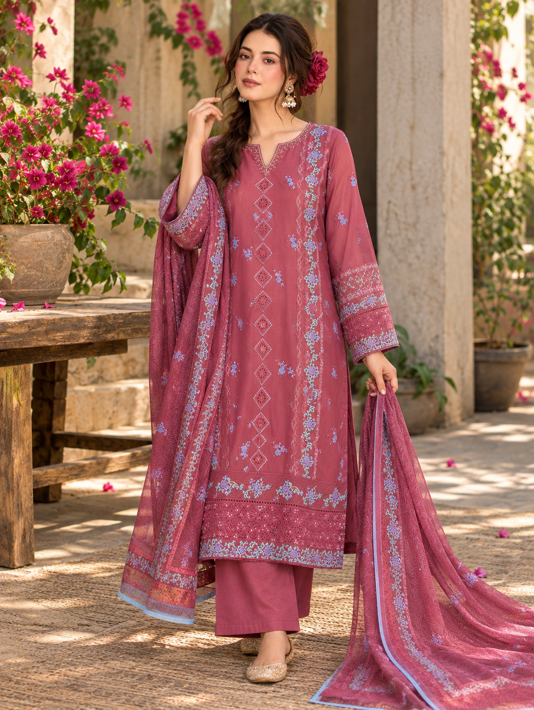 Rose Pink Embroidered Cotton Suit | 3-Piece | Rovaya