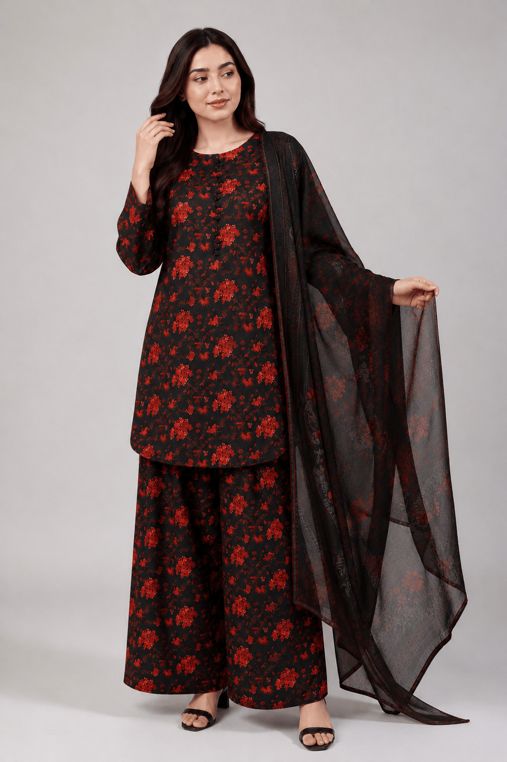 Black and Red Floral Suit | 3-Piece - Rovaya