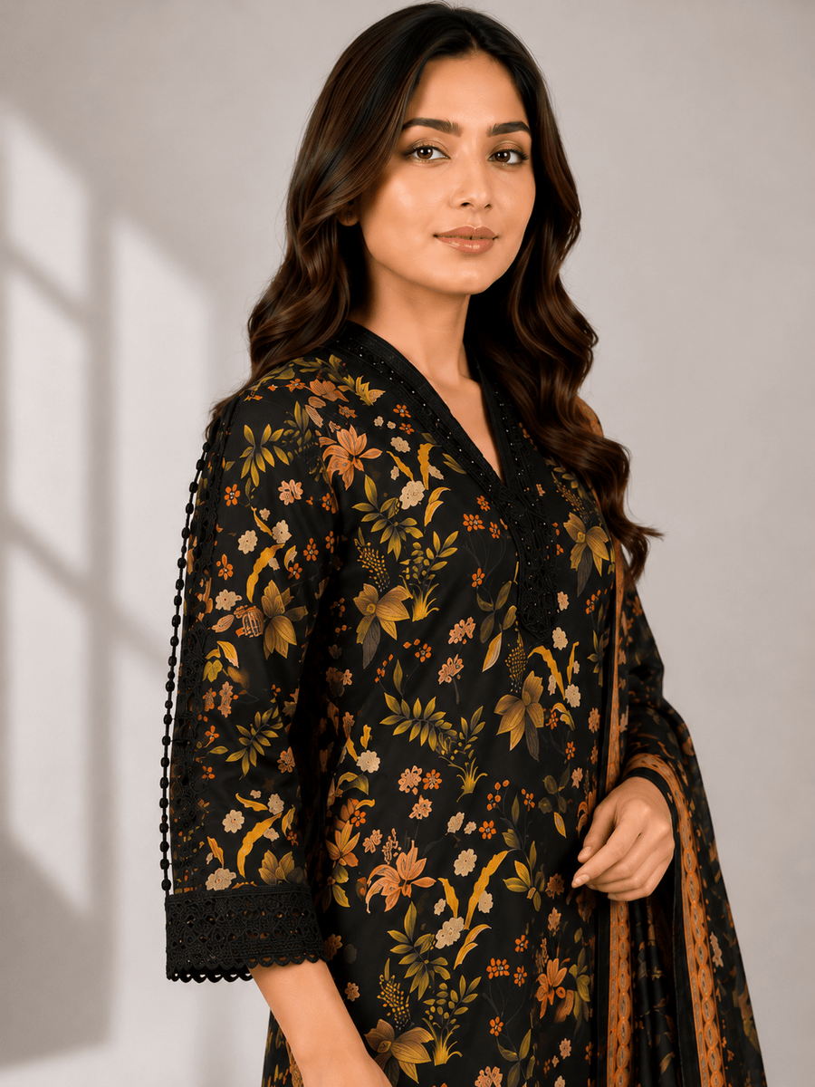 Black Digital Floral Print 3-Piece Stitched Suit for Women