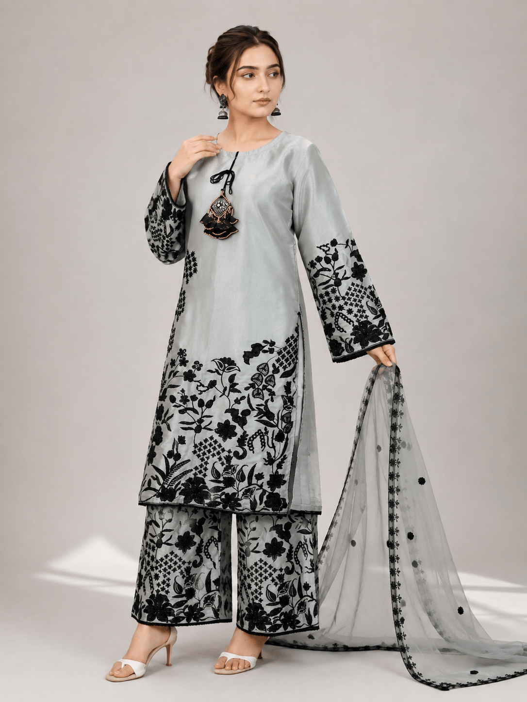 Grey Embroidered Suit | 3-Piece