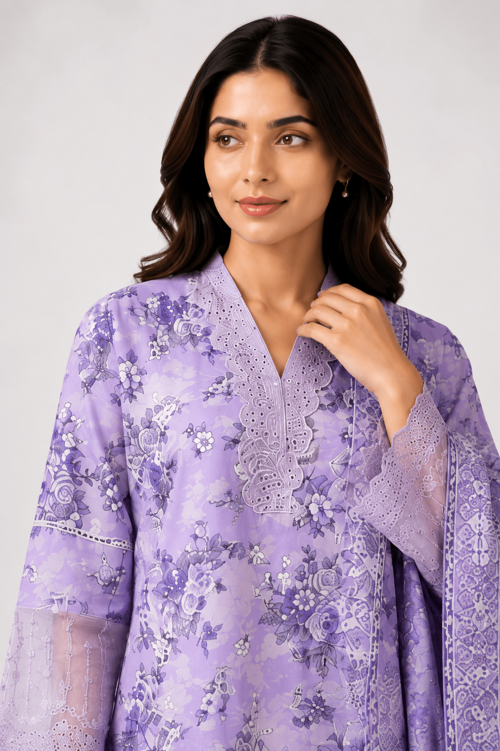 Purple Embroidered Suit with Lilac Floral Work - Rovaya