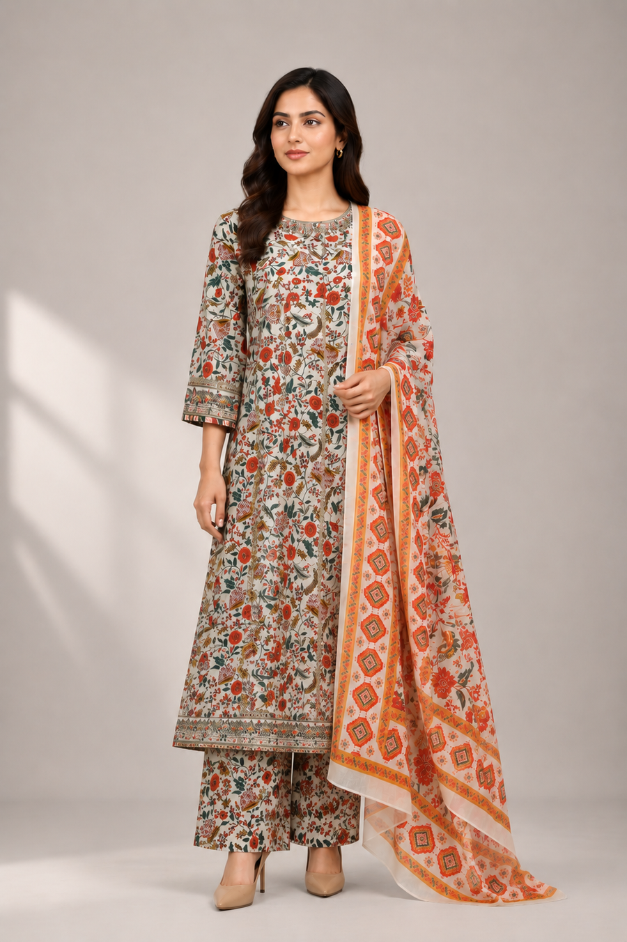 Cream Floral Printed Suit | 3-Piece