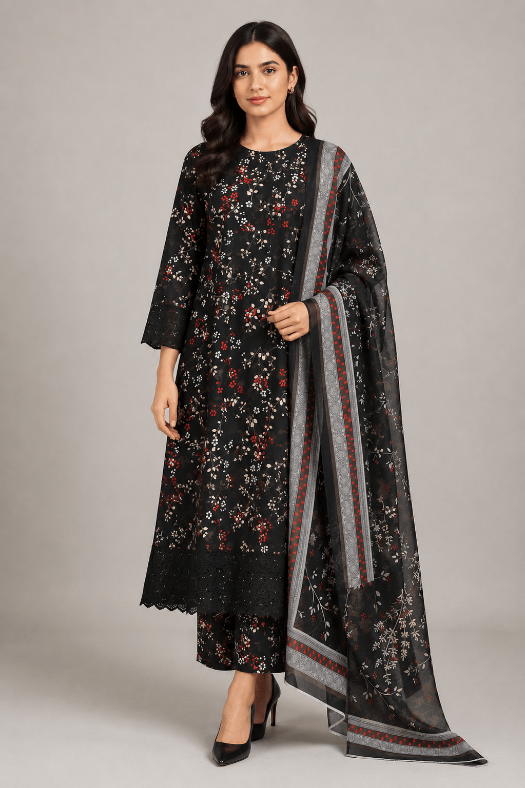 Black and Red Floral Printed 3-Piece Stitched Suit for Women