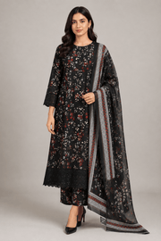 Black and Red Floral Printed 3-Piece Stitched Suit for Women