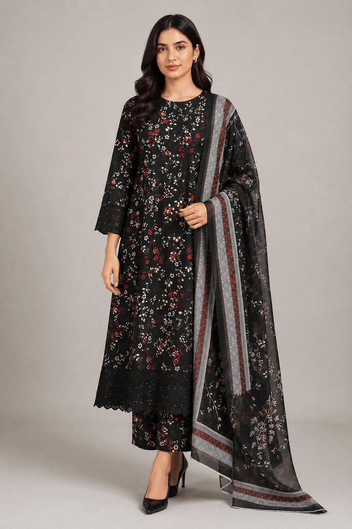 Black and Red Floral Printed 3-Piece Stitched Suit for Women