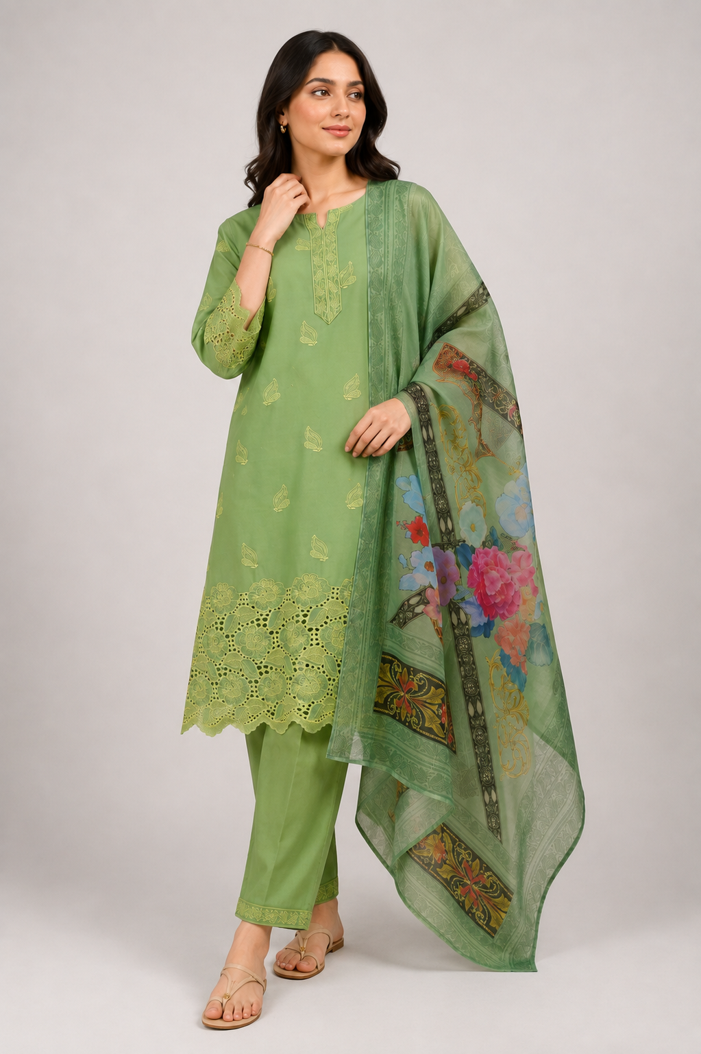 Green Suit with Printed Dupatta | 3-Piece