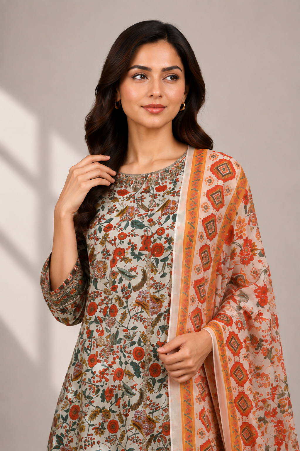 Cream Floral Printed Suit | 3-Piece