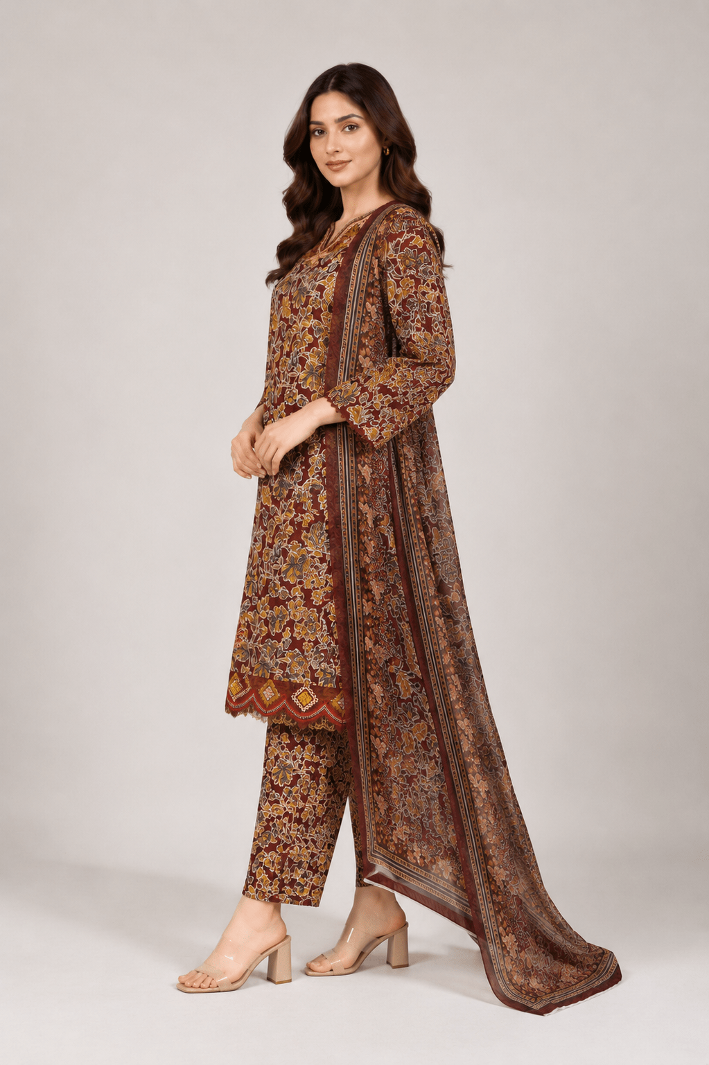 Maroon Printed Suit | 3-Piece - Rovaya