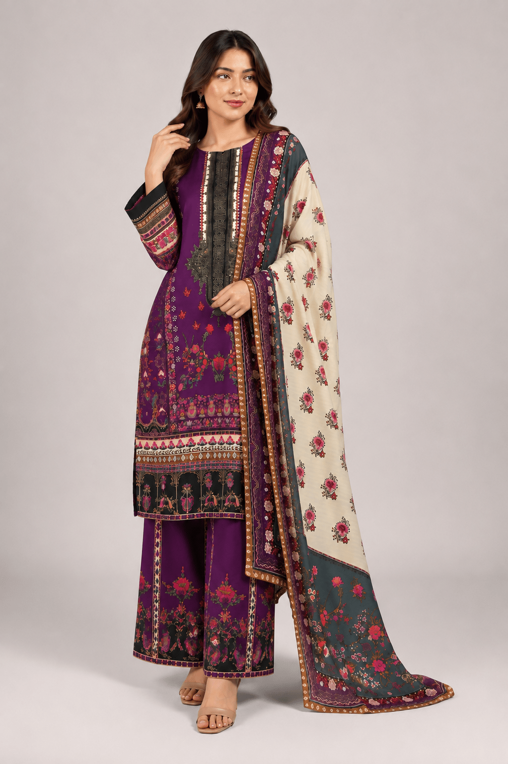 Magenta Printed Suit | 3-Piece - Rovaya