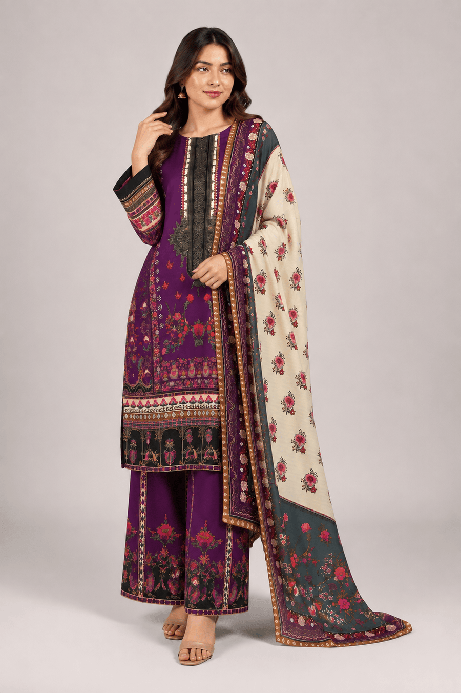 Magenta Printed Suit | 3-Piece
