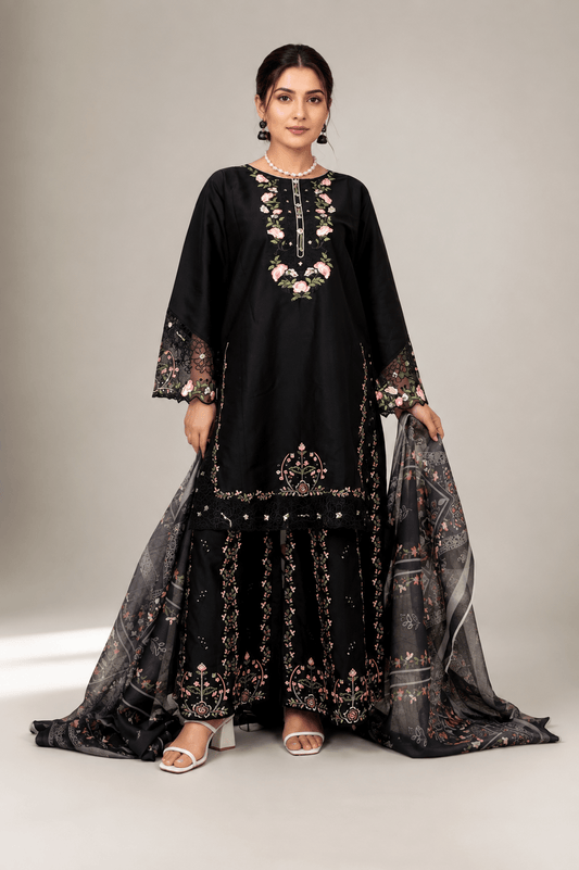 black embroidered suit