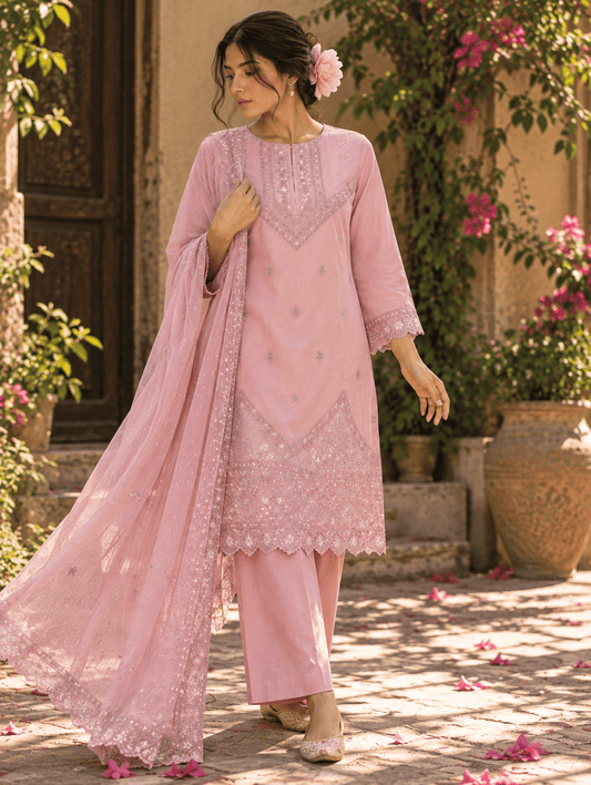 Tea Pink Embroidered Cotton Suit | 3-Piece | Rovaya