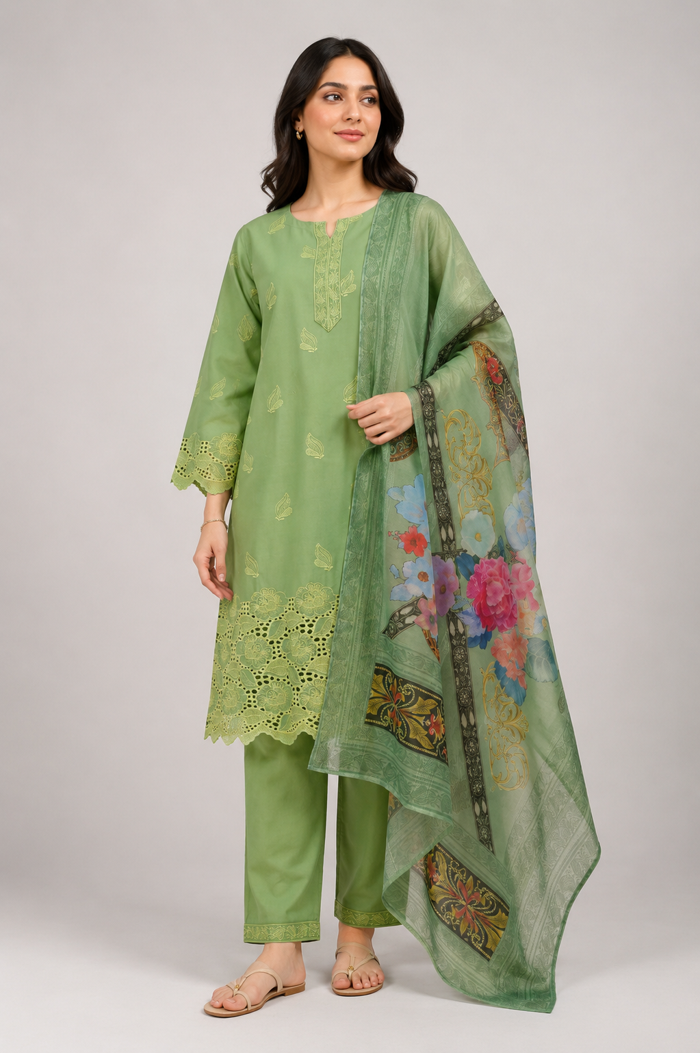 Green Suit with Printed Dupatta | 3-Piece