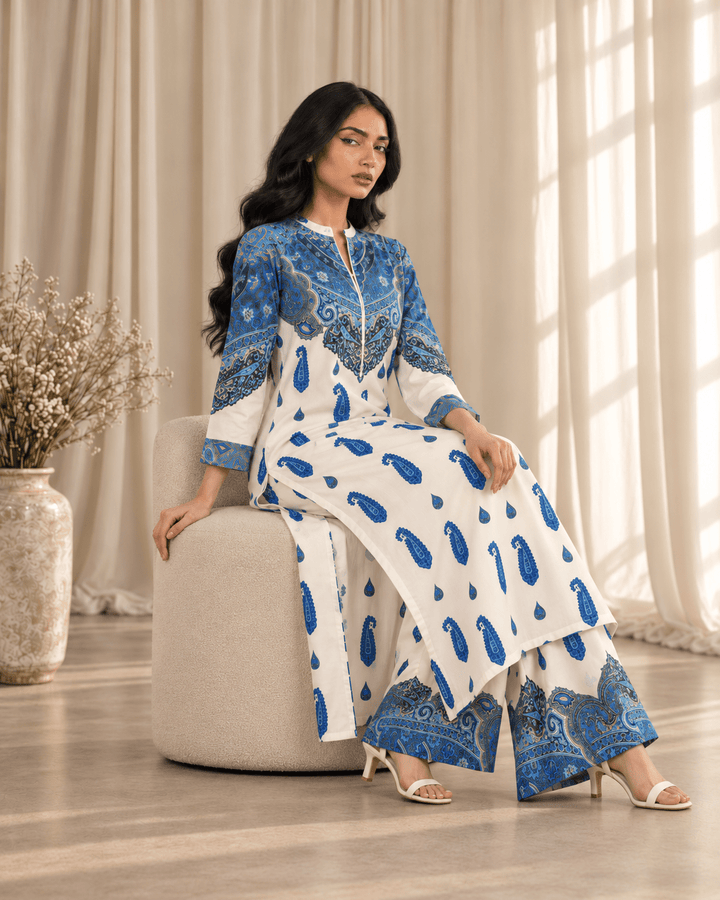 blue paisley print stitched suit
