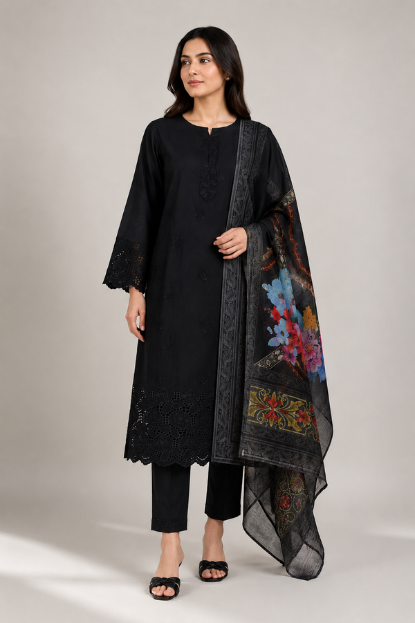 Black Suit with Printed Dupatta | 3-Piece