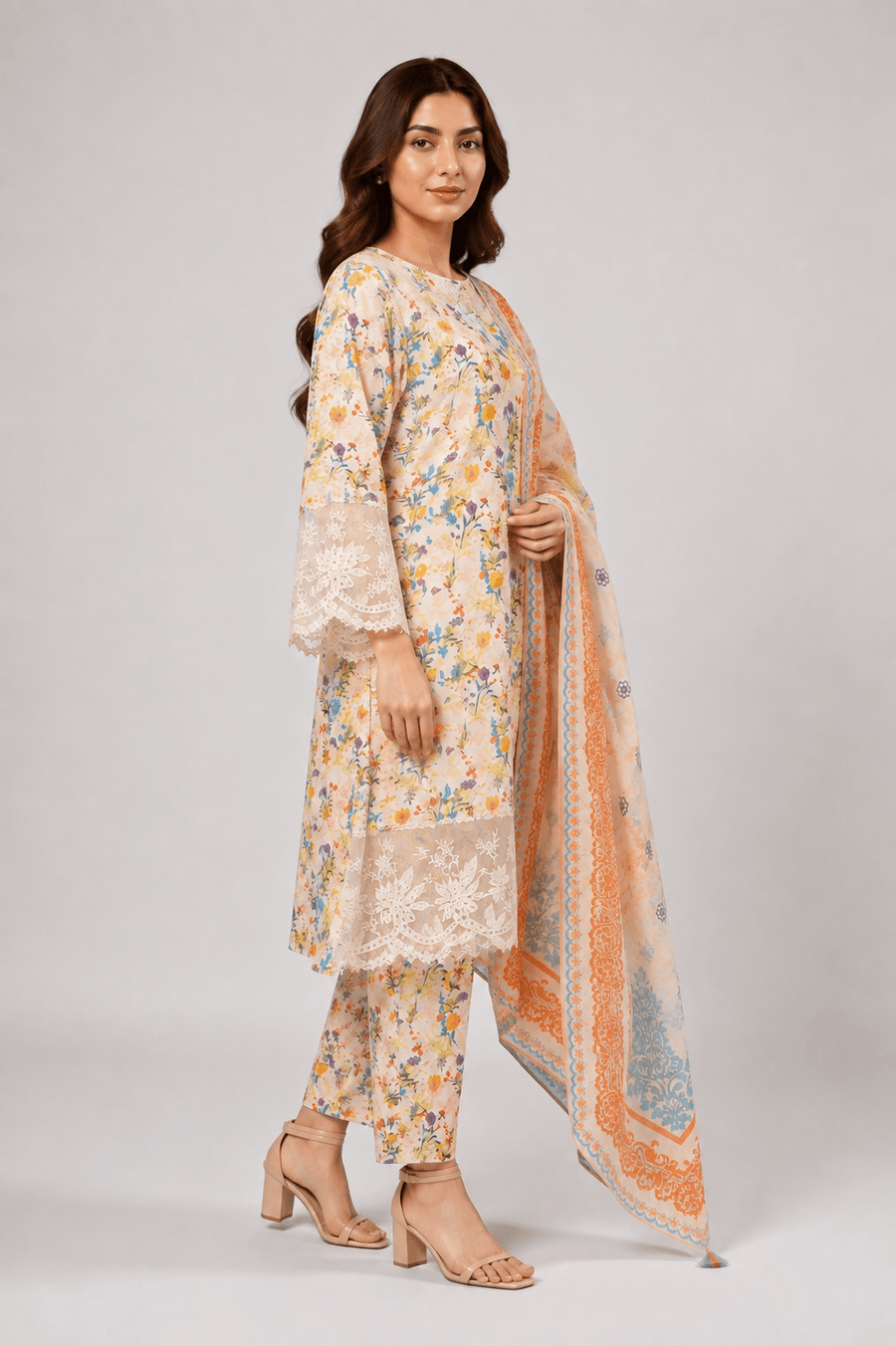 Ivory Multicolour Floral Printed 3-Piece Stitched Suit for Women