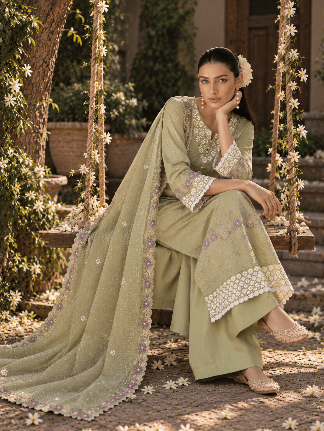 Pistachio Green Cotton Suit | 3-Piece | Rovaya