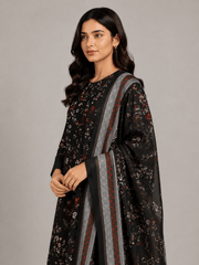 Black and Red Floral Printed 3-Piece Stitched Suit for Women