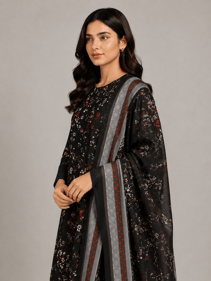 Black and Red Floral Printed 3-Piece Stitched Suit for Women