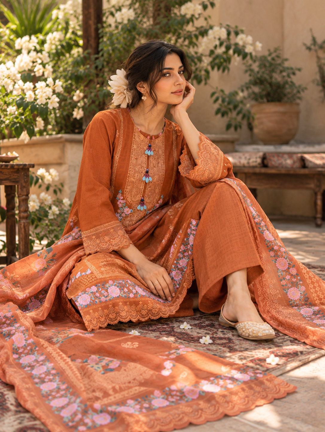 Burnt Orange Cotton Suit | 3-Piece Stitched | Rovaya