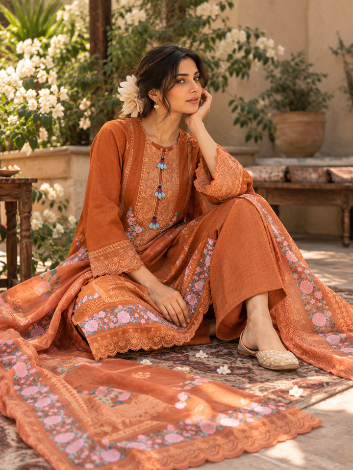 rust embroidered stitched suit