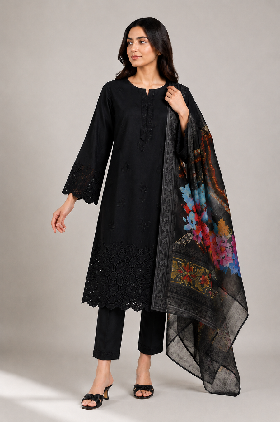 Black Suit with Printed Dupatta | 3-Piece