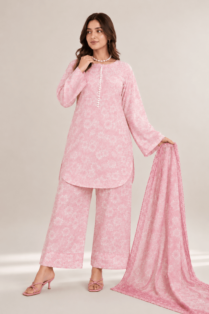 Pink and White Floral Printed 3-Piece Stitched Suit for Women
