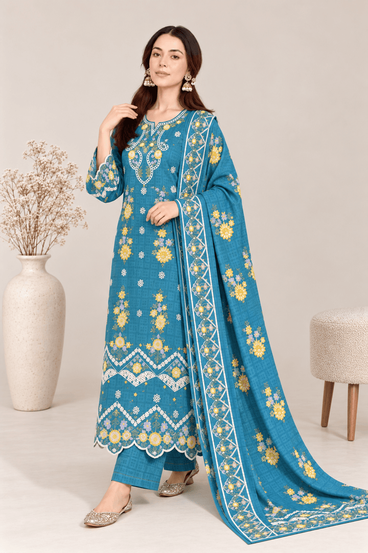 teal embroidered stitched suit