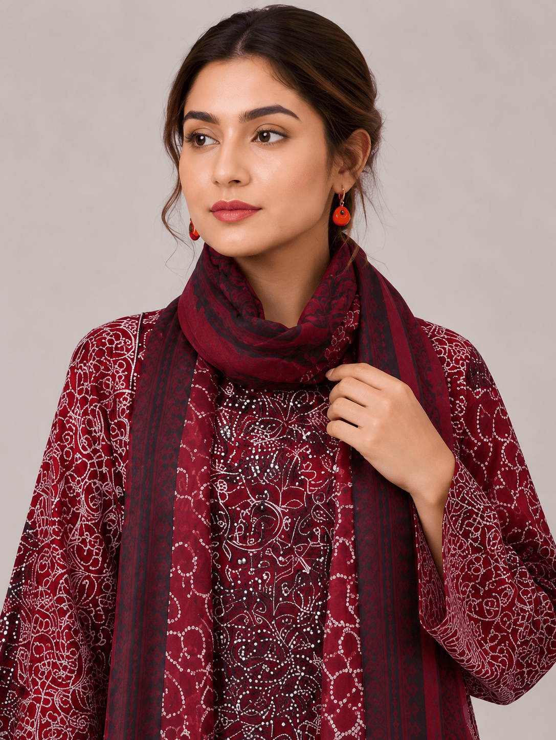 Maroon Printed Embroidered Suit | 3-Piece