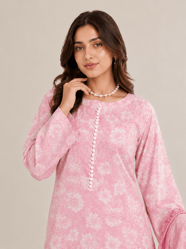 Pink and White Floral Printed 3-Piece Stitched Suit for Women