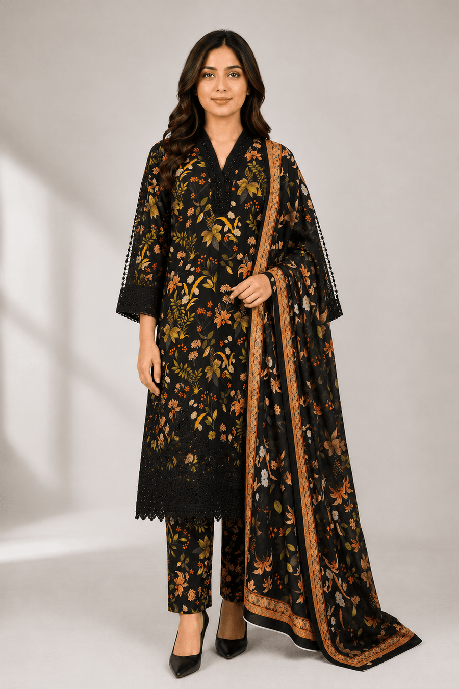 Black Digital Floral Print 3-Piece Stitched Suit for Women