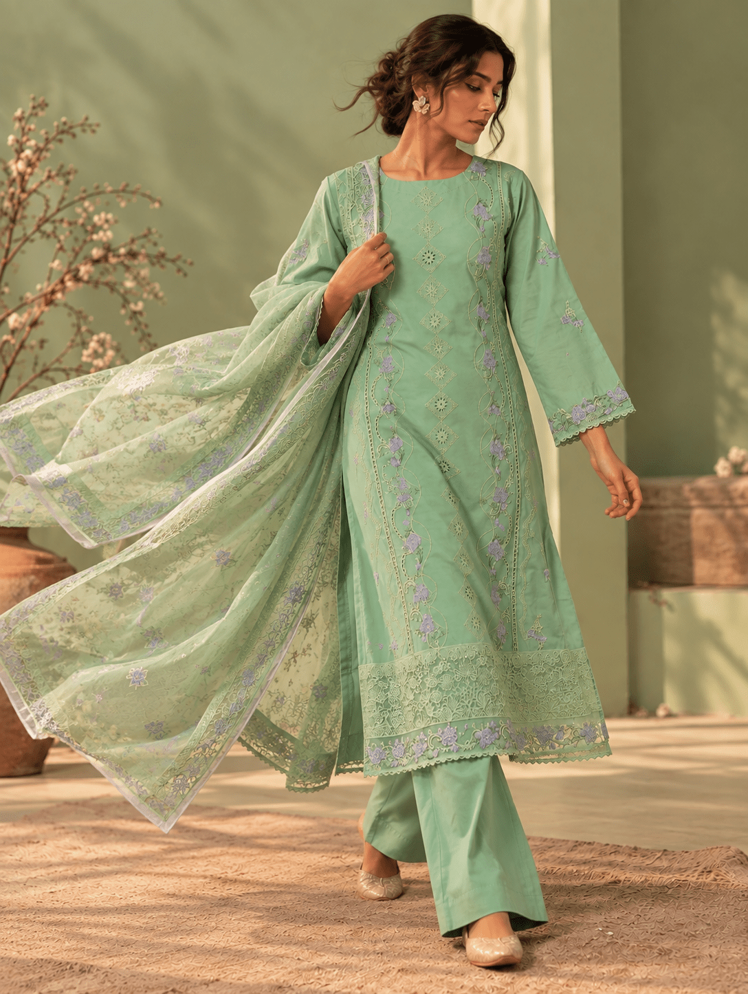 Mint Green Embroidered Cotton Suit | 3-Piece | Rovaya