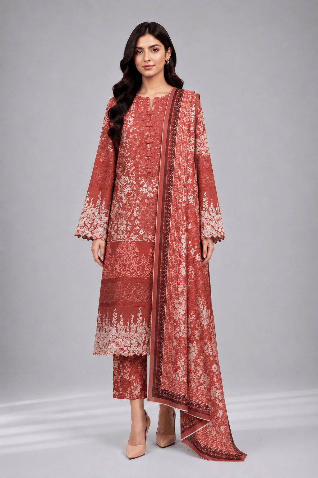 brick red printed stitched suit
