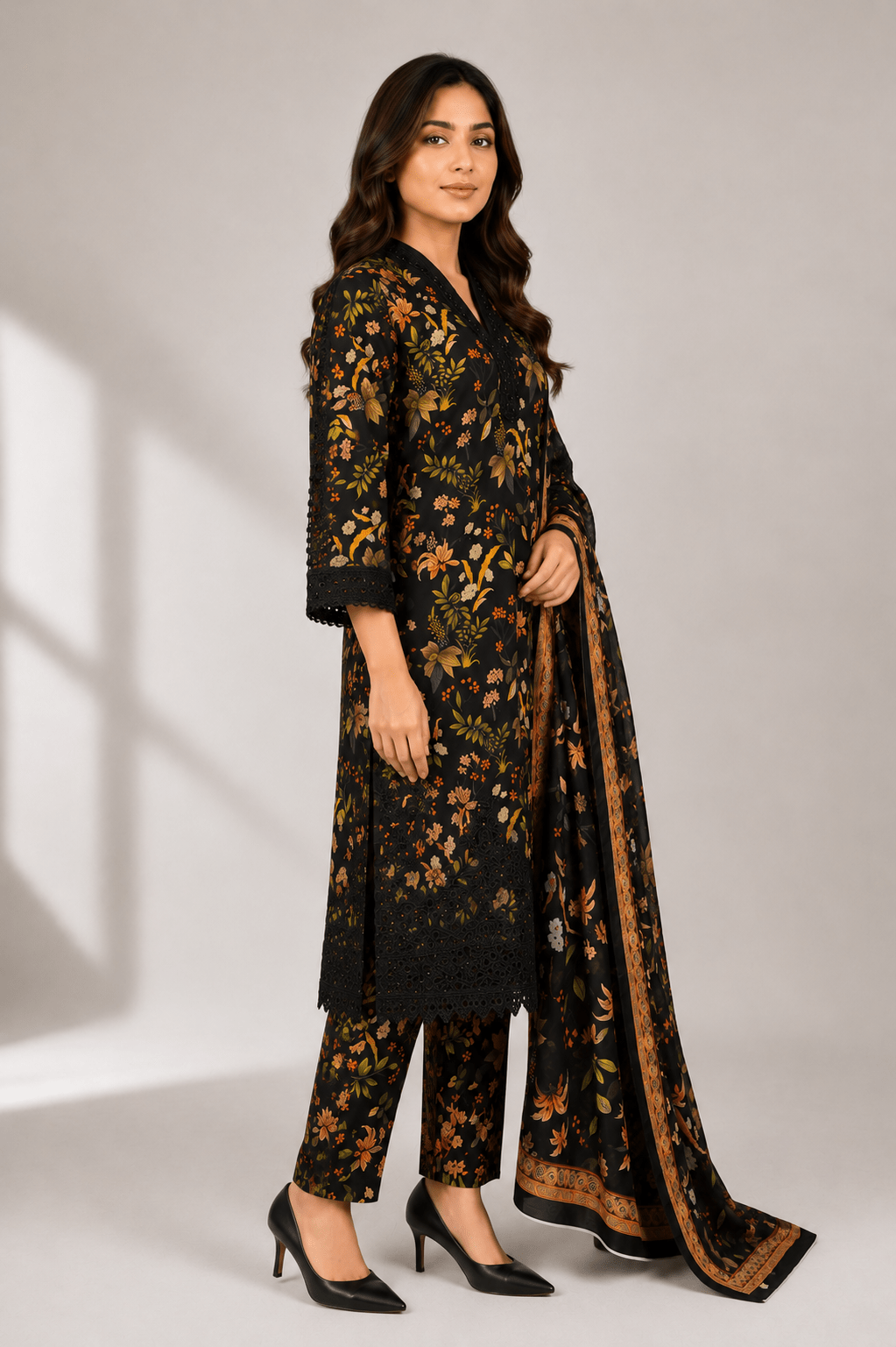 Black floral print Pakistani suit for women side view