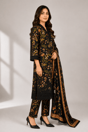 Black Digital Floral Print 3-Piece Stitched Suit for Women